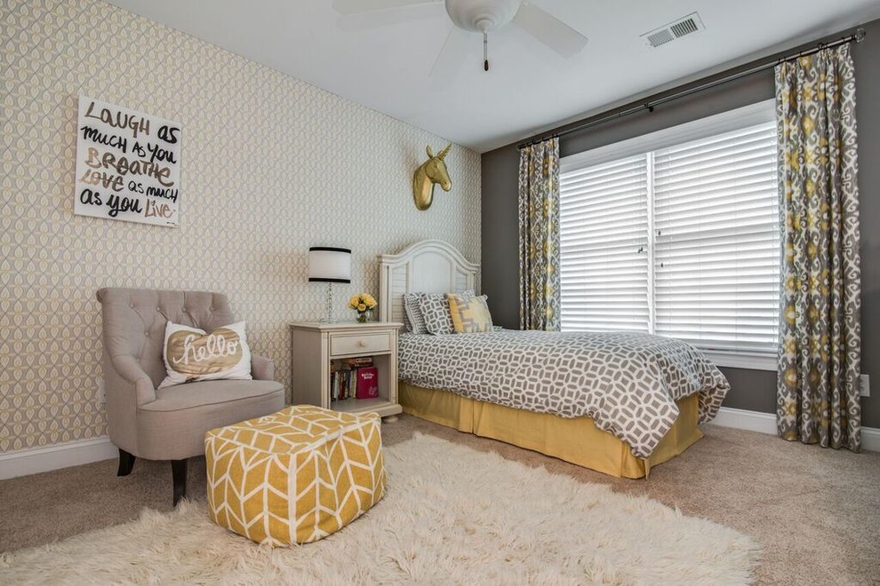 Inspiration for a medium sized classic teen’s room for girls in Charlotte with grey walls and carpet.