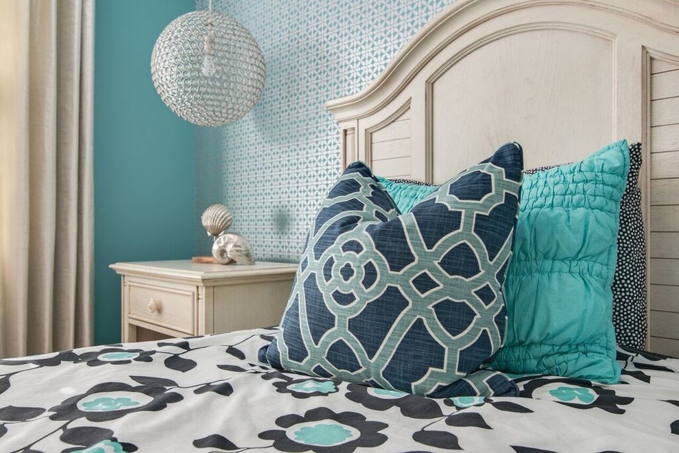Inspiration for a small transitional girl carpeted kids' room remodel in Charlotte with blue walls