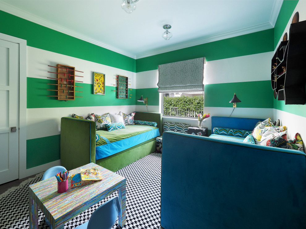 Example of a mid-sized trendy boy brown floor kids' room design in Miami with green walls