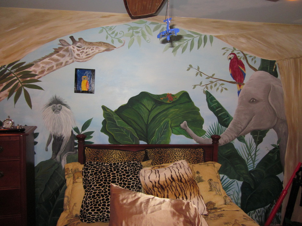 Foto de dormitorio infantil de 4 a 10 años tropical de tamaño medio con paredes azules y moqueta