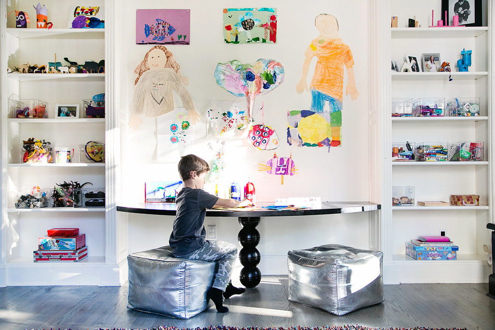 Kids' room - transitional gender-neutral dark wood floor and gray floor kids' room idea in New York with white walls