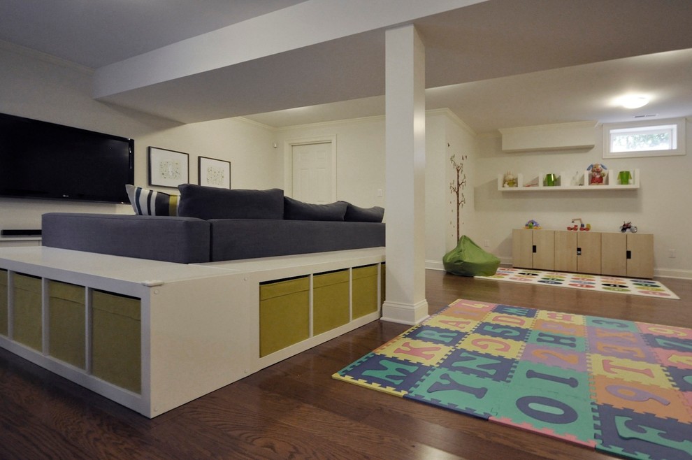 Large minimalist gender-neutral kids' room photo in New York