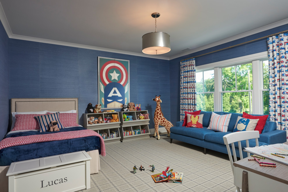 Inspiration för ett vintage pojkrum kombinerat med sovrum och för 4-10-åringar, med blå väggar, heltäckningsmatta och grått golv