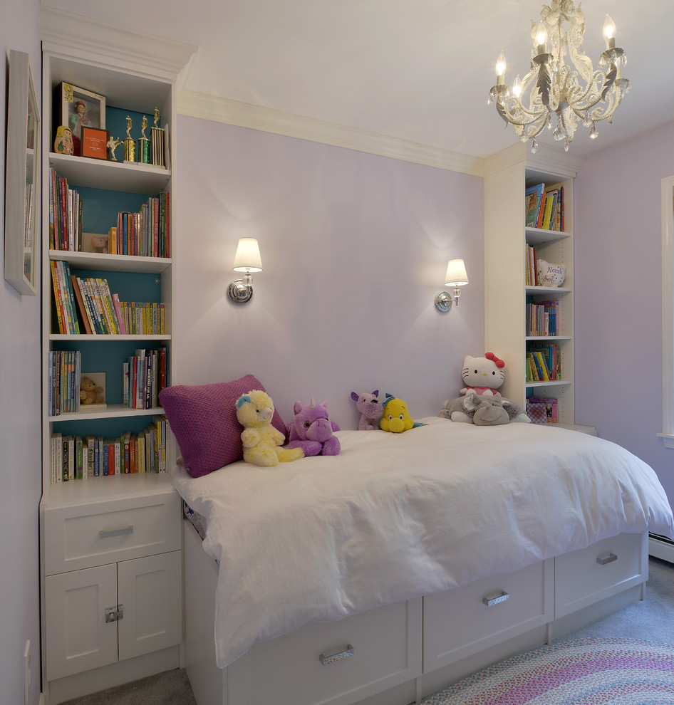 Small elegant girl carpeted and gray floor kids' room photo in New York with purple walls