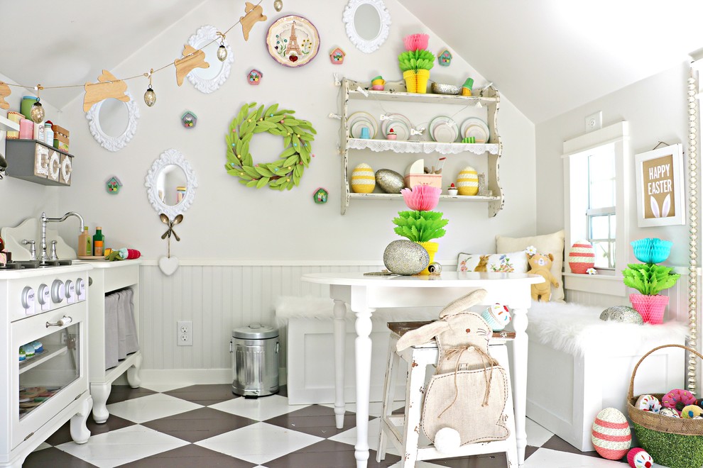 Mid-sized cottage chic girl painted wood floor and multicolored floor kids' room photo in Las Vegas with white walls