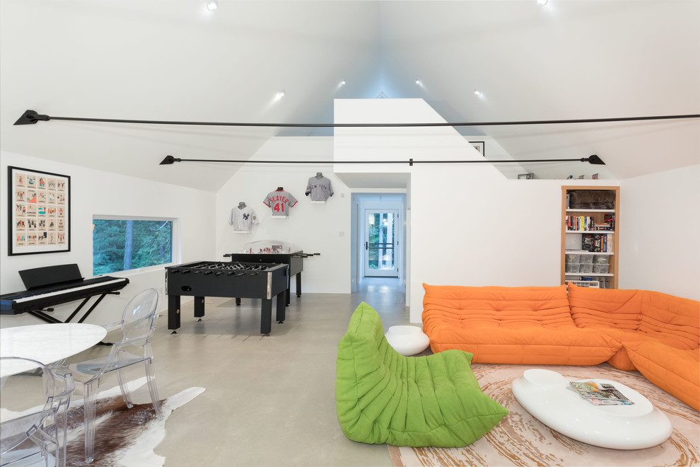 Esempio di un soggiorno design con pareti bianche, pavimento in cemento e pavimento grigio