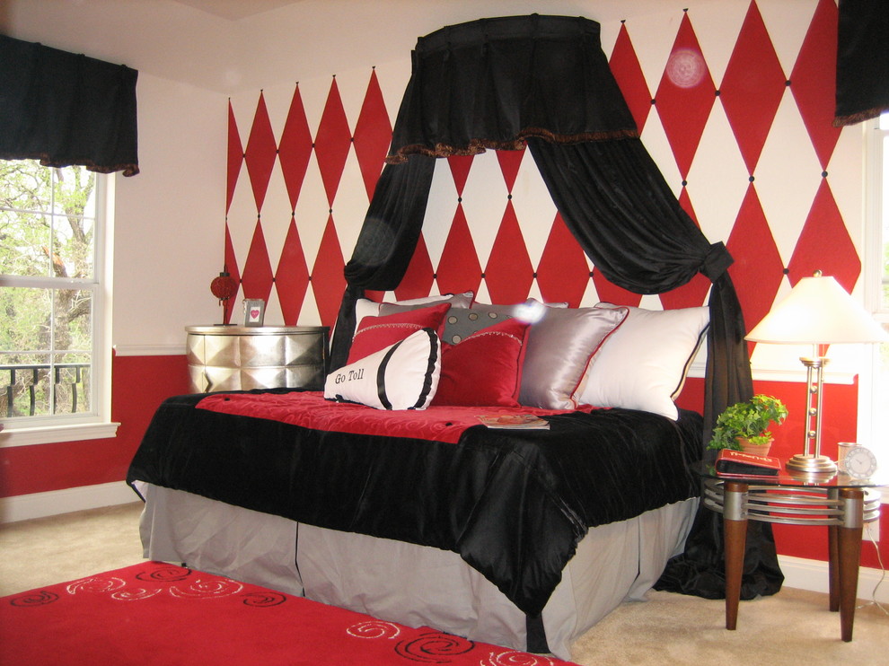 Imagen de dormitorio infantil bohemio de tamaño medio con paredes multicolor y moqueta