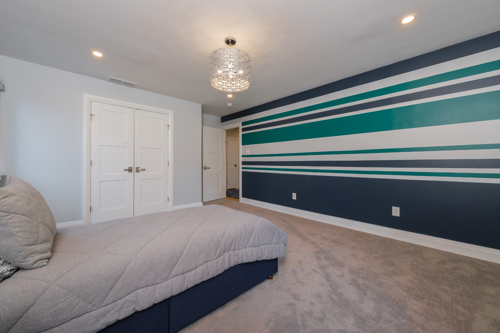 Medium sized contemporary kids' bedroom for boys in Philadelphia with grey walls, carpet and grey floors.