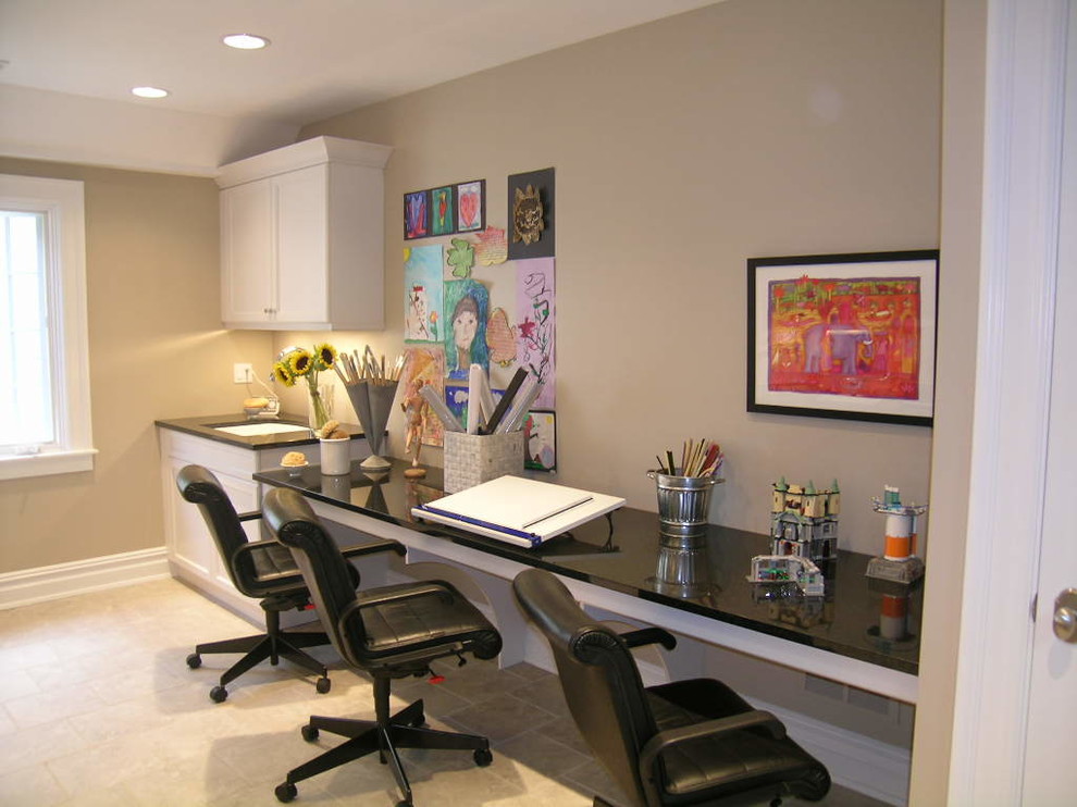 Example of a huge transitional gender-neutral ceramic tile kids' study room design in Chicago with gray walls