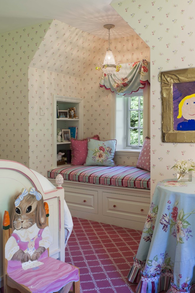 Photo of a medium sized vintage children’s room for girls in Philadelphia with multi-coloured walls and carpet.