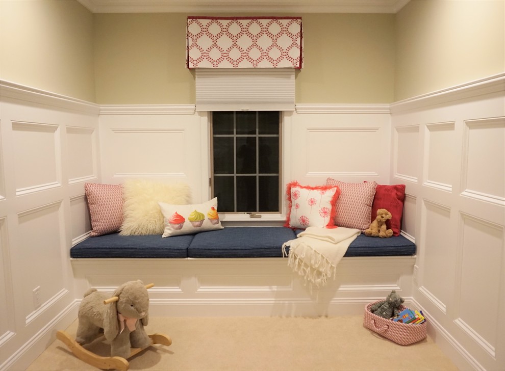 Mid-sized transitional girl carpeted kids' room photo in Philadelphia with yellow walls