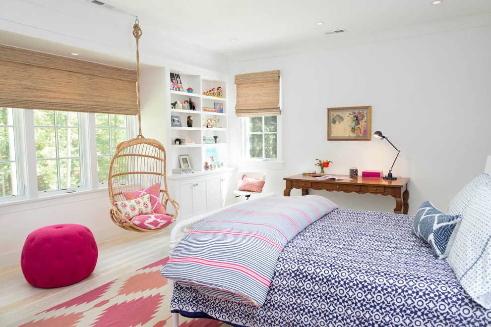 This is an example of a classic children’s room for girls in Raleigh with white walls.