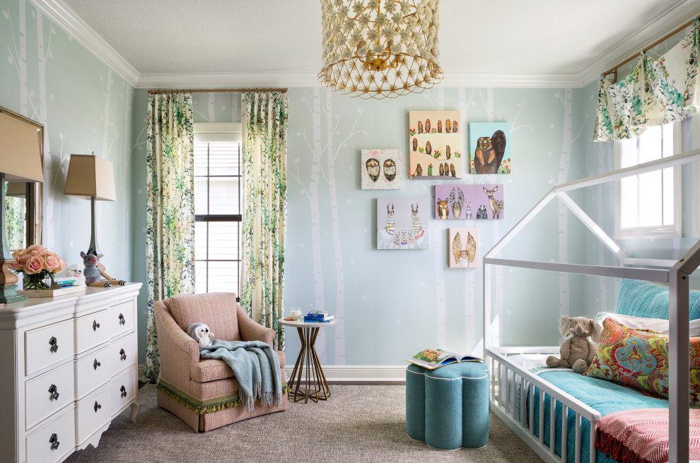 Medium sized classic children’s room for girls in Tampa with green walls, medium hardwood flooring, brown floors and wallpapered walls.