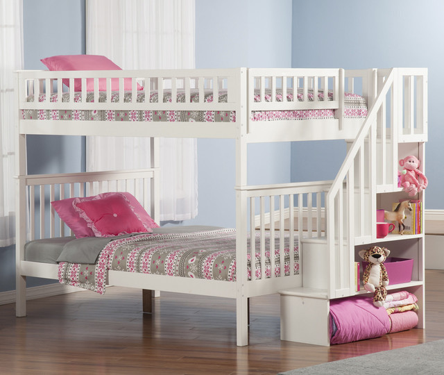 Woodland Staircase Full over Full Bunk Bed White Transitional