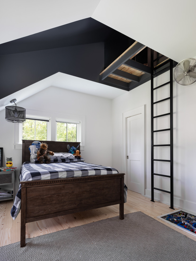 Cette image montre une chambre d'enfant de 4 à 10 ans rustique de taille moyenne avec un mur blanc, parquet clair, un sol marron et un plafond voûté.