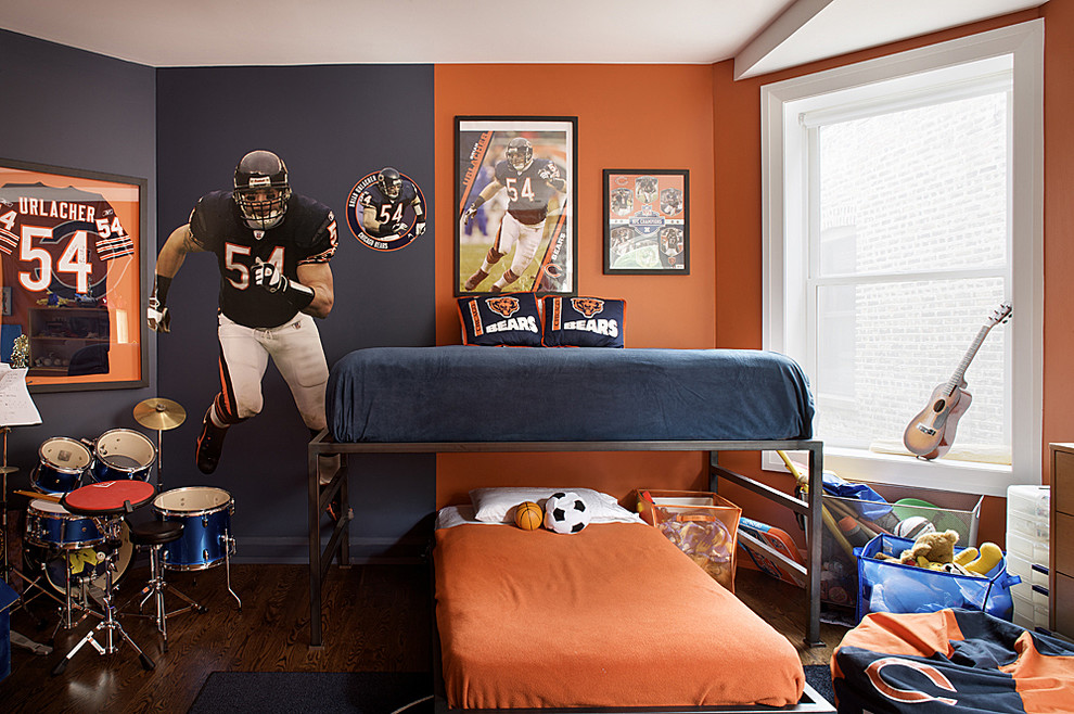 Design ideas for a contemporary kids' bedroom for boys in Chicago with multi-coloured walls.