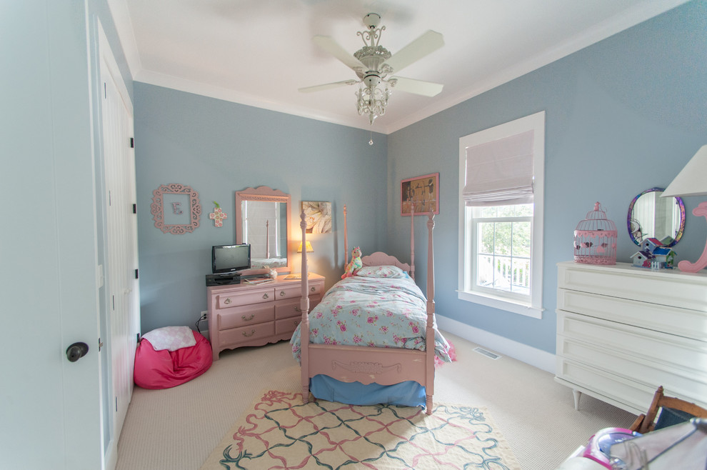 Mid-sized elegant girl carpeted kids' room photo in Charleston with blue walls