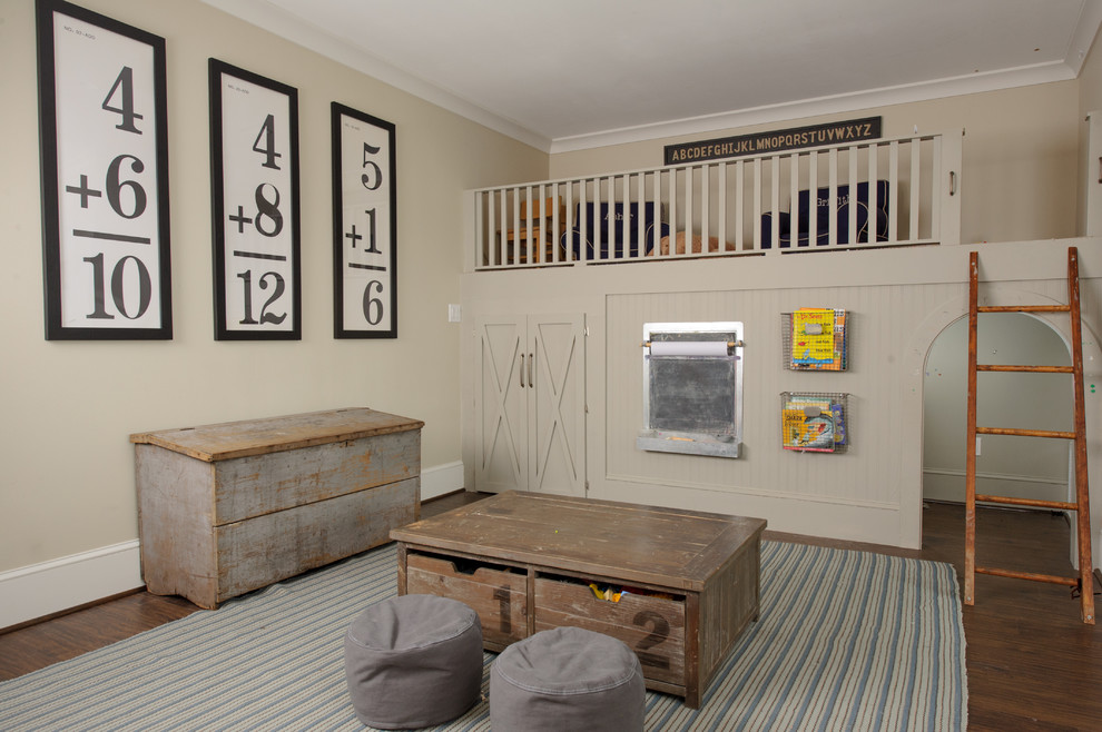Elegant gender-neutral medium tone wood floor playroom photo in Miami with beige walls