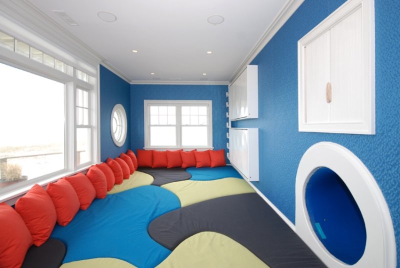 Modelo de dormitorio infantil de 4 a 10 años actual grande con paredes azules