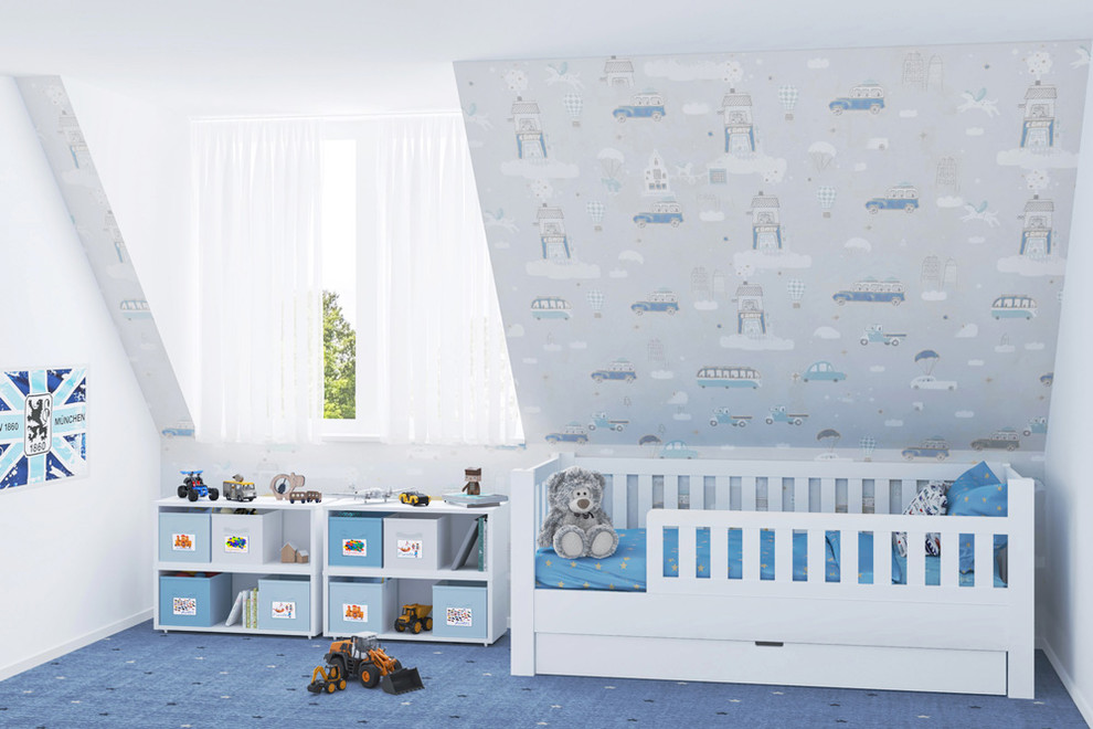 Esempio di una piccola cameretta per bambini da 1 a 3 anni design con pareti blu, moquette e pavimento blu