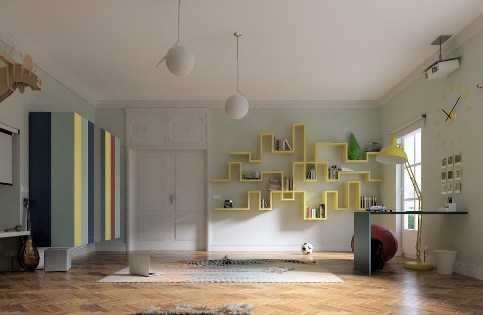 Großes Modernes Kinderzimmer mit grüner Wandfarbe, braunem Holzboden und braunem Boden