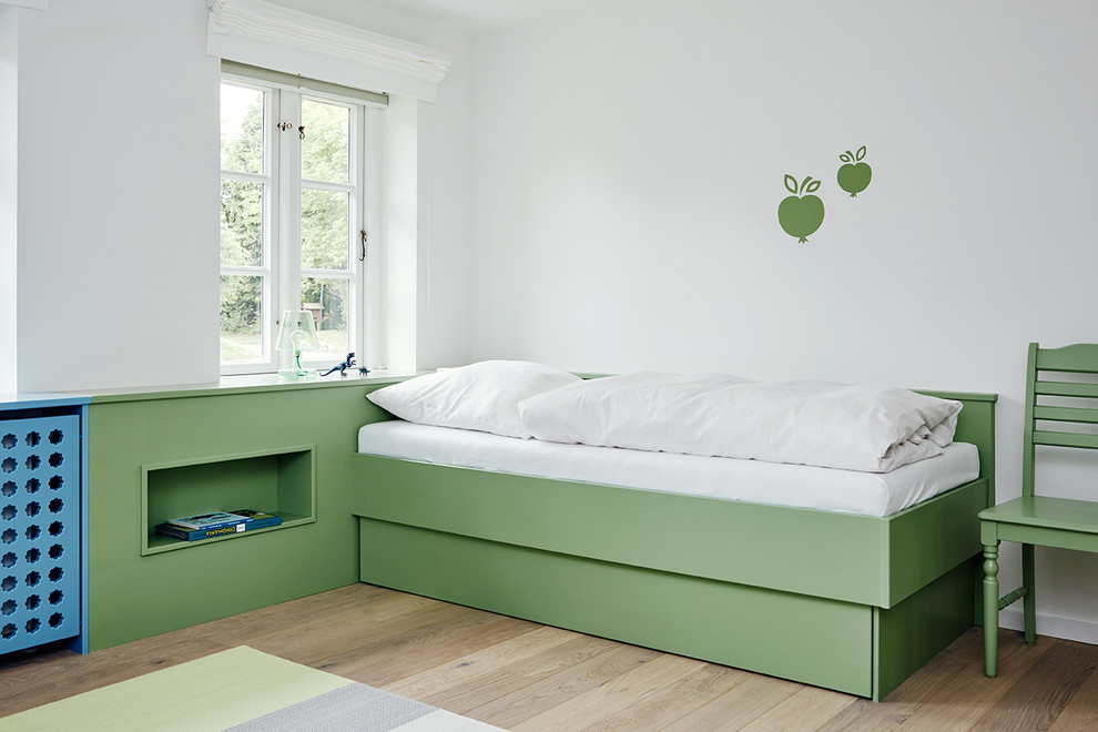 Inspiration for a contemporary gender neutral children’s room in Other with white walls and light hardwood flooring.