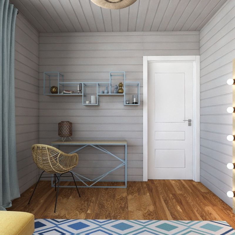 Großes Skandinavisches Kinderzimmer mit Schlafplatz, grauer Wandfarbe, braunem Holzboden, braunem Boden, Holzdecke und Holzwänden in Sonstige