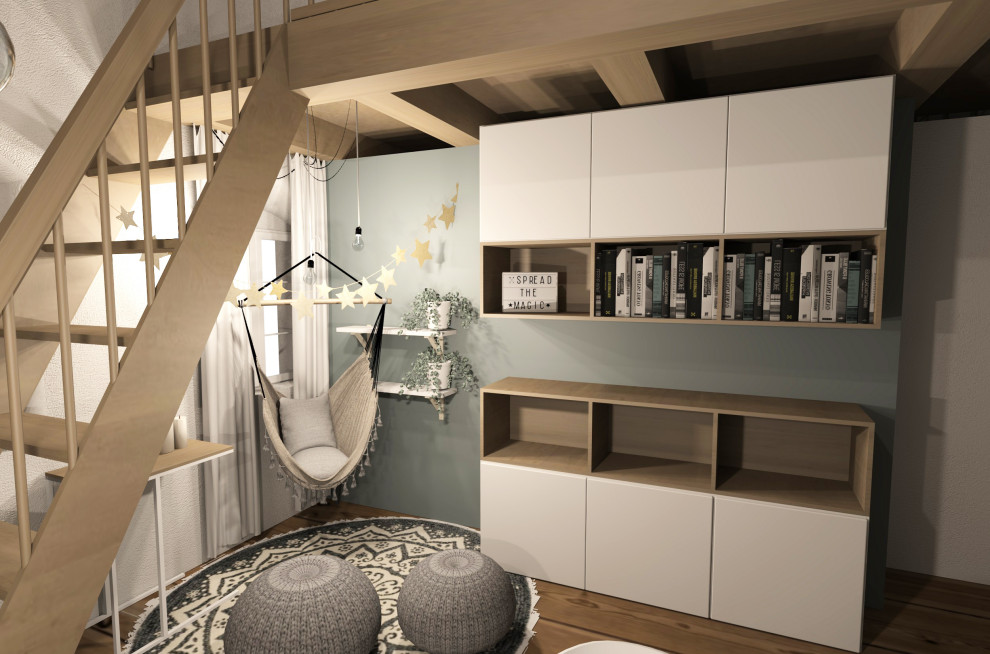 Modelo de dormitorio infantil escandinavo de tamaño medio con paredes grises, suelo de madera clara y suelo beige