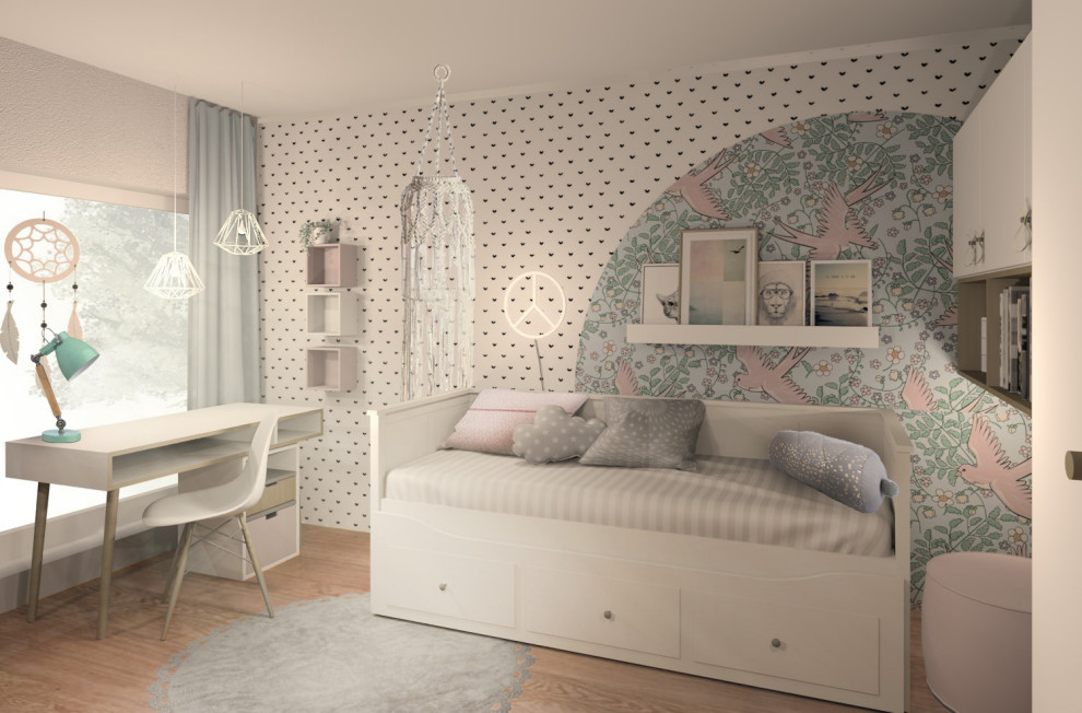 Ejemplo de dormitorio infantil de 4 a 10 años nórdico pequeño con paredes rosas, suelo de madera clara y suelo beige