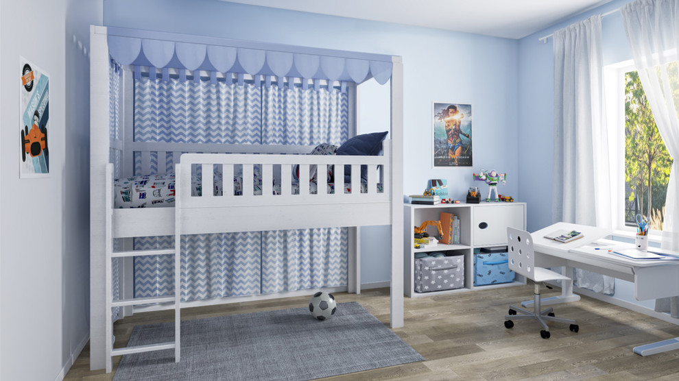 Inredning av ett modernt mellanstort könsneutralt barnrum kombinerat med sovrum och för 4-10-åringar, med blå väggar, målat trägolv och beiget golv