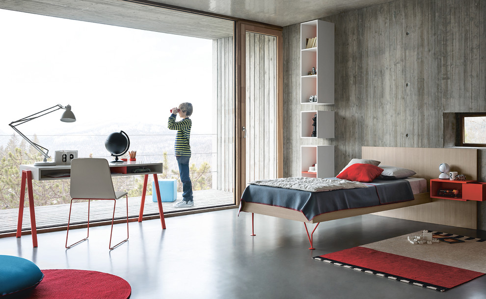 Пример оригинального дизайна: большая детская в современном стиле с спальным местом, серыми стенами и бетонным полом для подростка, мальчика