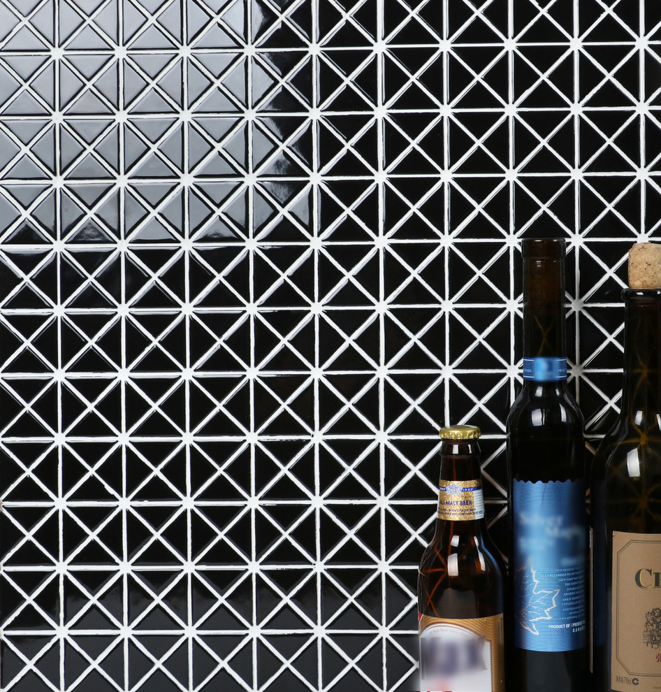 1" triangular glossy black porcelain mosaic tile, black kitchen