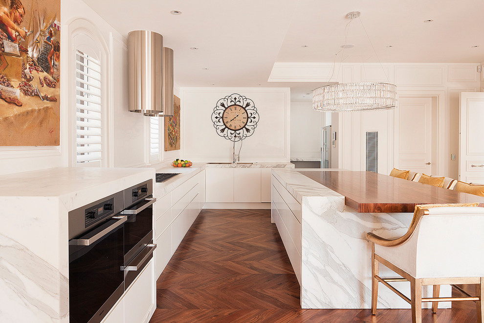 Eat-in kitchen - large transitional l-shaped dark wood floor eat-in kitchen idea in Melbourne with white cabinets, wood countertops, stainless steel appliances, open cabinets and an island