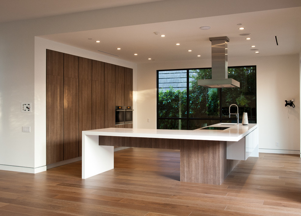 Пример оригинального дизайна: огромная прямая кухня-гостиная в стиле модернизм с накладной мойкой и островом