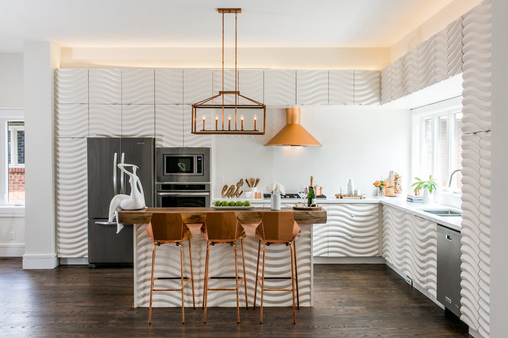 Inspiration for a mid-sized contemporary l-shaped dark wood floor open concept kitchen remodel in Toronto with a double-bowl sink, white cabinets, quartz countertops, stainless steel appliances and an island
