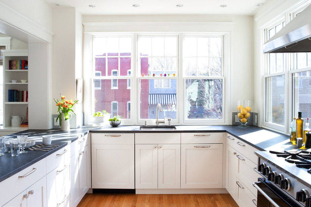 ワシントンD.C.にあるトラディショナルスタイルのおしゃれなキッチン (シングルシンク、白いキャビネット、シェーカースタイル扉のキャビネット、黒い調理設備) の写真