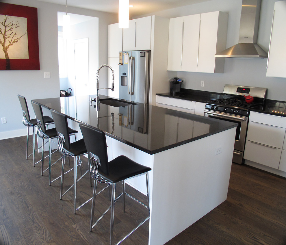 Imagen de cocina contemporánea con fregadero bajoencimera, armarios con paneles lisos, electrodomésticos de acero inoxidable y con blanco y negro