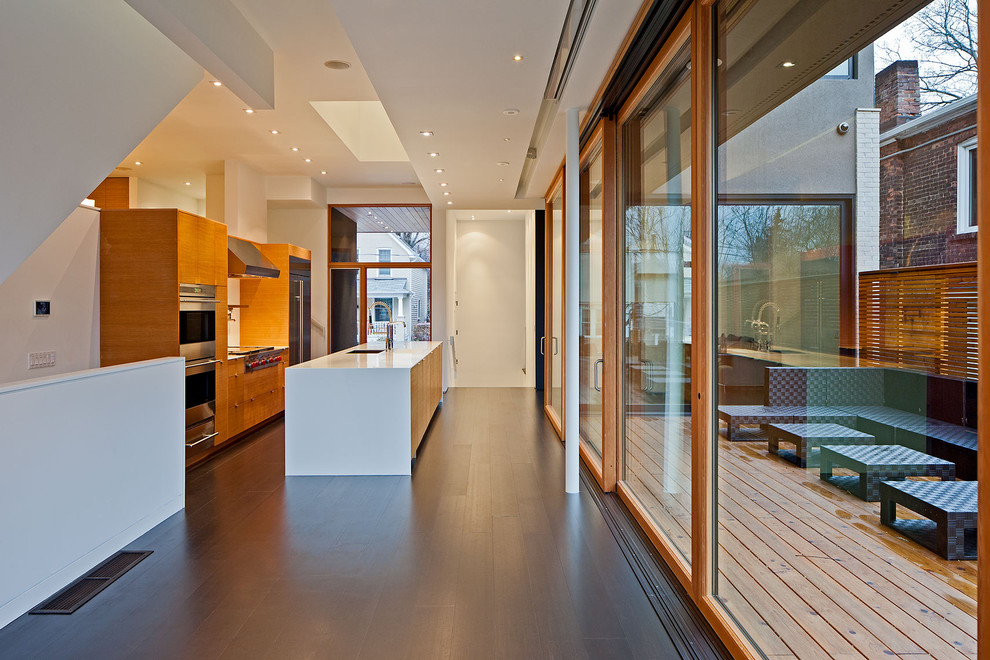 Example of a trendy galley kitchen design in Toronto with stainless steel appliances, flat-panel cabinets and medium tone wood cabinets