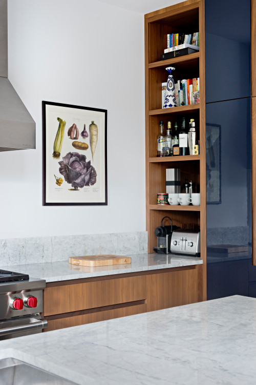 Modern Aesthetics: Open Kitchen Storage Ideas with Wood and Navy Accents