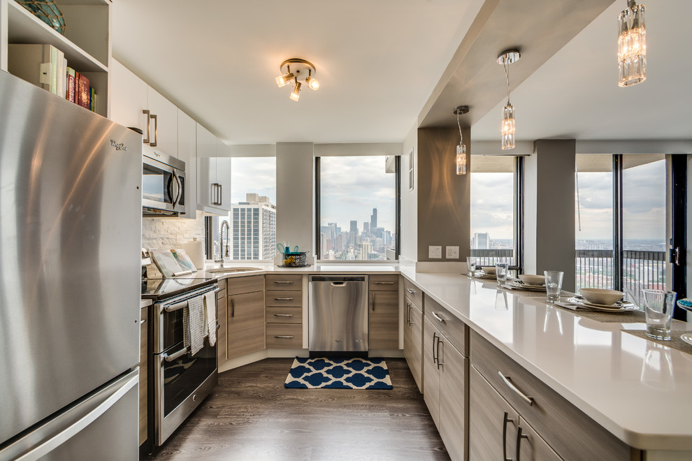 Trendy u-shaped dark wood floor kitchen photo in Chicago with an undermount sink, flat-panel cabinets, gray cabinets, stainless steel appliances and a peninsula