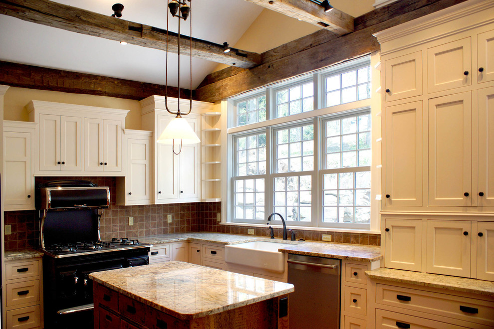 Mid-sized elegant u-shaped dark wood floor eat-in kitchen photo in New York with a farmhouse sink, recessed-panel cabinets, white cabinets, granite countertops, red backsplash, terra-cotta backsplash, stainless steel appliances and an island