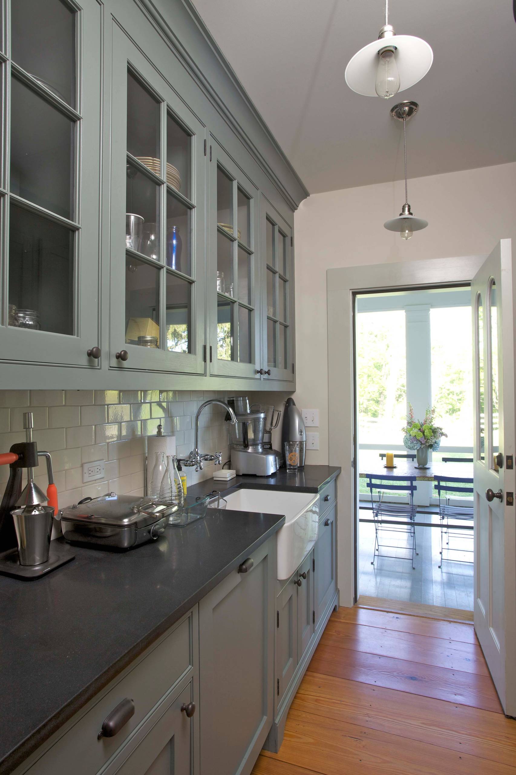 Gray kitchen cabinets online with glass doors