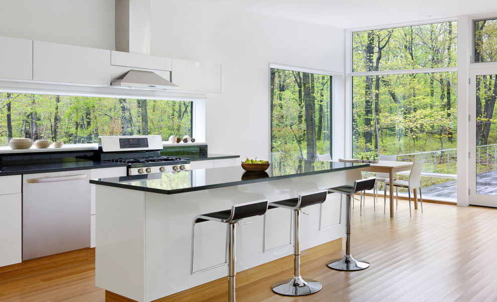 Свежая идея для дизайна: кухня в стиле модернизм с обеденным столом, плоскими фасадами, техникой из нержавеющей стали и черно-белыми фасадами - отличное фото интерьера