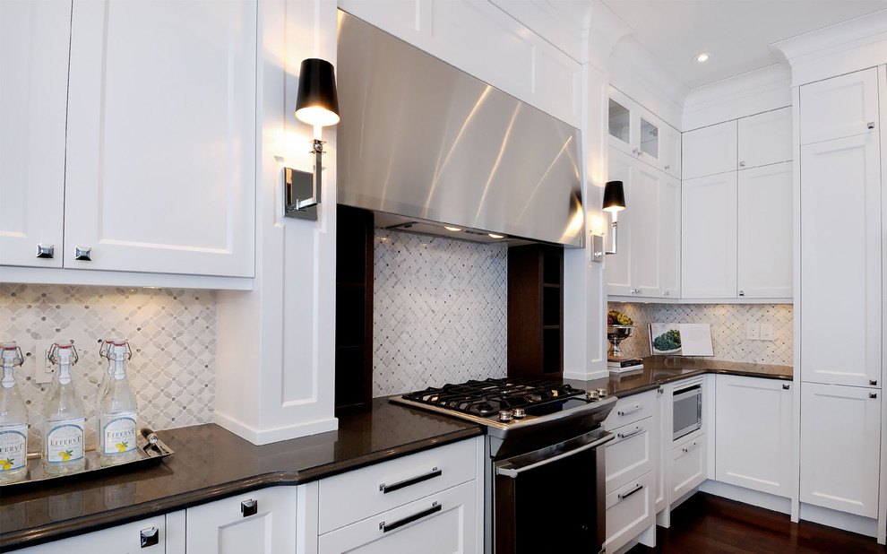 Kitchen - contemporary kitchen idea in Other with recessed-panel cabinets, white cabinets, white backsplash and mosaic tile backsplash