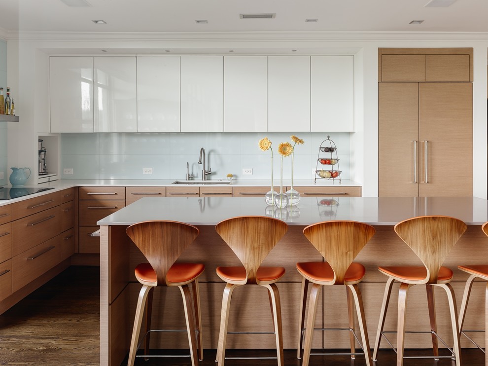 Moderne Küche mit Unterbauwaschbecken, flächenbündigen Schrankfronten, Küchenrückwand in Weiß, Elektrogeräten mit Frontblende, dunklem Holzboden und Kücheninsel in Charlotte