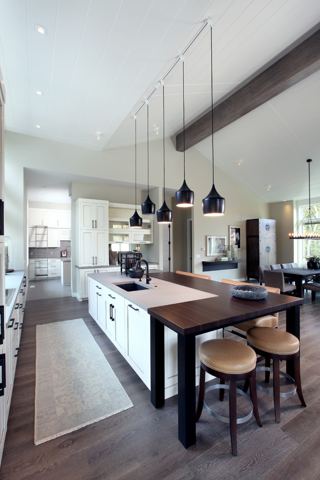 Large transitional l-shaped open concept kitchen photo in Grand Rapids with beaded inset cabinets, white cabinets, concrete countertops, an island and an undermount sink