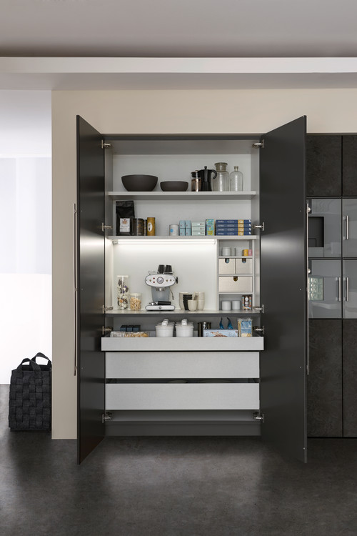 Minimal Dark Grey Kitchen Flooring with Kitchen Storage Cabinet Solutions