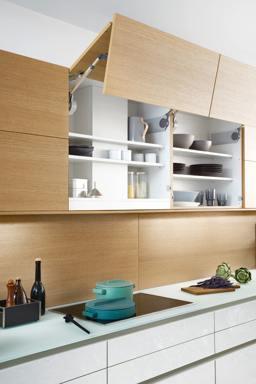 Modern Kitchen with Kitchen Storage Cabinet Solutions in White Cabinets and Wood Backsplash