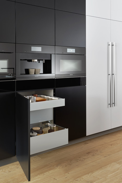 Modern Black and White Kitchen with Storage Cabinet Solutions in Large Storage Units