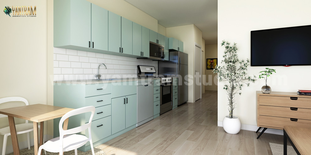 Inredning av ett modernt mellanstort blå blått kök och matrum, med en enkel diskho, släta luckor, blå skåp, laminatbänkskiva, vitt stänkskydd, rostfria vitvaror, betonggolv, en köksö och brunt golv
